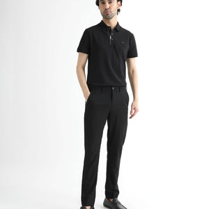 Rare Rabbit Men's Glade Black Solid Mid-Rise Slim Fit Trousers