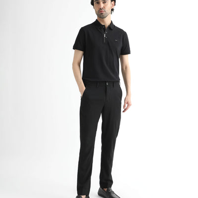 Rare Rabbit Men's Glade Black Solid Mid-Rise Slim Fit Trousers