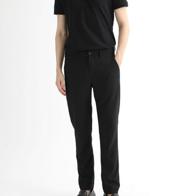 Rare Rabbit Men's Glade Black Solid Mid-Rise Slim Fit Trousers