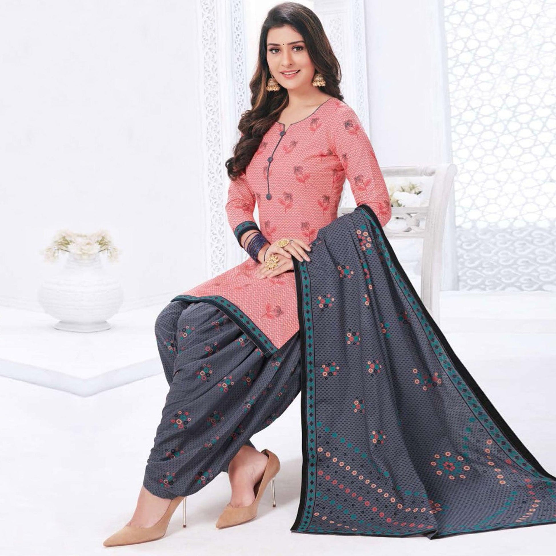 Maroon And Pink Printed Crepe & Leon Patiala Dress Material Pack Of 2