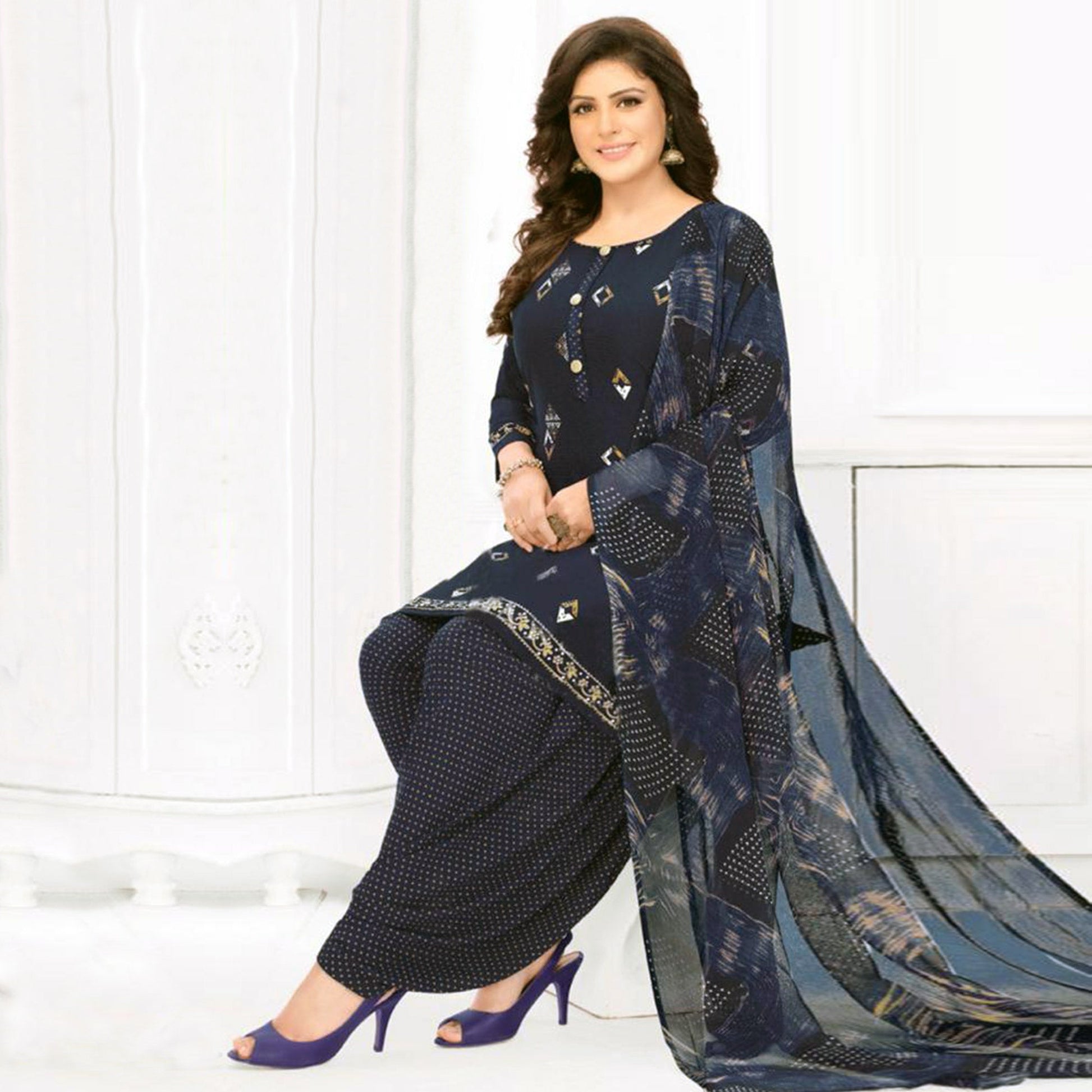 Maroon And Navy Blue Printed Leon & Crepe Patiala Dress Material Pack Of 2
