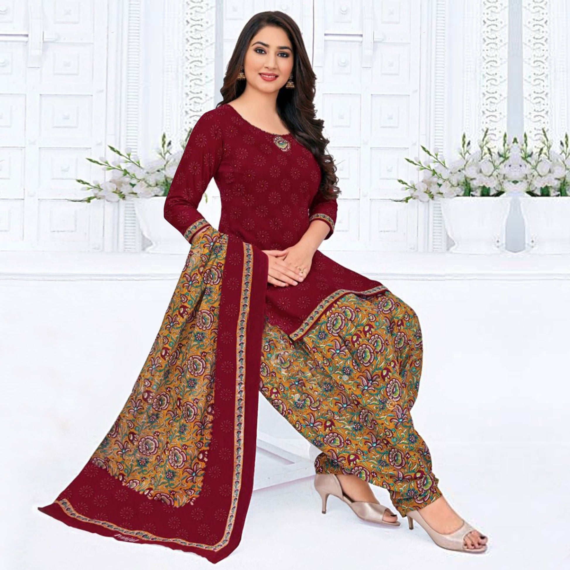 Maroon And Pink Printed Crepe & Leon Patiala Dress Material Pack Of 2