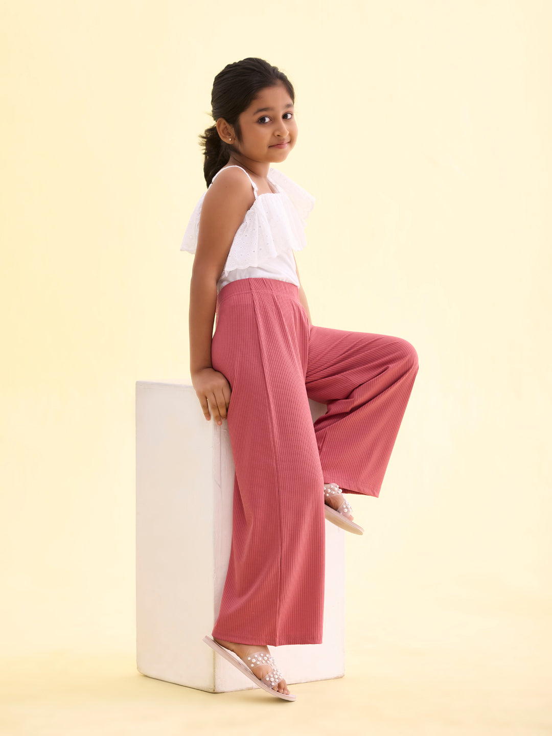Girls Solid Rusty Pink Mid Rise Rib Palazzos