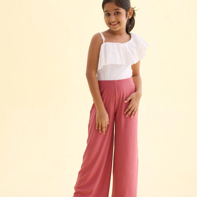 Girls Solid Rusty Pink Mid Rise Rib Palazzos