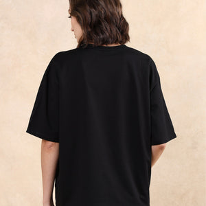 Rareism Women Grail Black Cotton Blend Fabric Short Sleeve Crew Neck Oversized Fit Graphic Print T-Shirt
