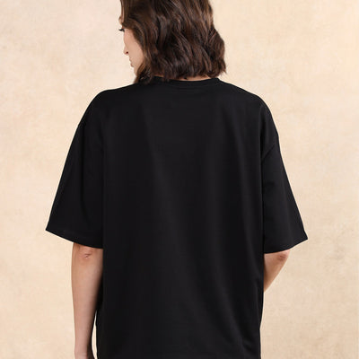 Rareism Women Grail Black Cotton Blend Fabric Short Sleeve Crew Neck Oversized Fit Graphic Print T-Shirt