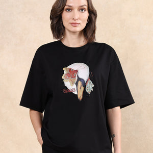 Rareism Women Grail Black Cotton Blend Fabric Short Sleeve Crew Neck Oversized Fit Graphic Print T-Shirt