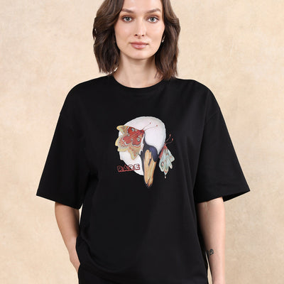 Rareism Women Grail Black Cotton Blend Fabric Short Sleeve Crew Neck Oversized Fit Graphic Print T-Shirt