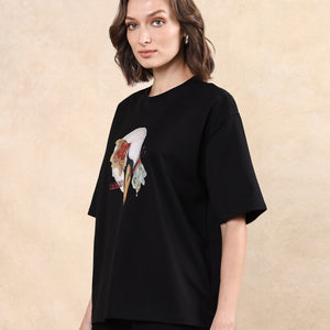 Rareism Women Grail Black Cotton Blend Fabric Short Sleeve Crew Neck Oversized Fit Graphic Print T-Shirt