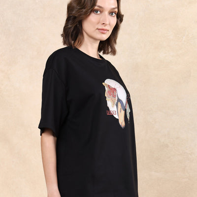 Rareism Women Grail Black Cotton Blend Fabric Short Sleeve Crew Neck Oversized Fit Graphic Print T-Shirt