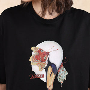 Rareism Women Grail Black Cotton Blend Fabric Short Sleeve Crew Neck Oversized Fit Graphic Print T-Shirt