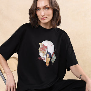 Rareism Women Grail Black Cotton Blend Fabric Short Sleeve Crew Neck Oversized Fit Graphic Print T-Shirt