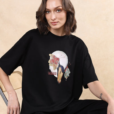 Rareism Women Grail Black Cotton Blend Fabric Short Sleeve Crew Neck Oversized Fit Graphic Print T-Shirt