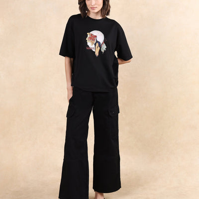 Rareism Women Grail Black Cotton Blend Fabric Short Sleeve Crew Neck Oversized Fit Graphic Print T-Shirt