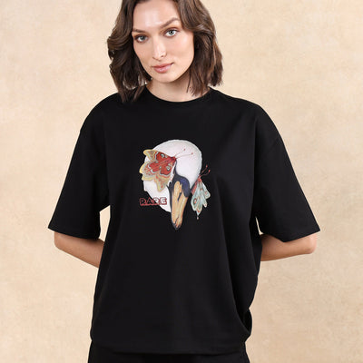 Rareism Women Grail Black Cotton Blend Fabric Short Sleeve Crew Neck Oversized Fit Graphic Print T-Shirt