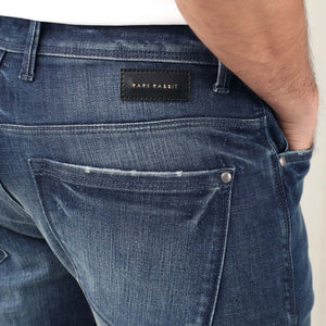 Rare Rabbit Men's Grimm Blue Mid Wash Mid-Rise Mild Distressed Slim Fit Jeans