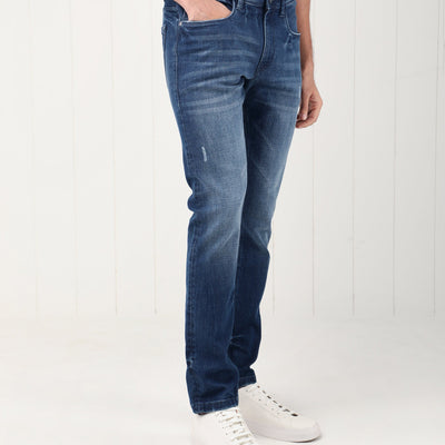 Rare Rabbit Men's Grimm Blue Mid Wash Mid-Rise Mild Distressed Slim Fit Jeans