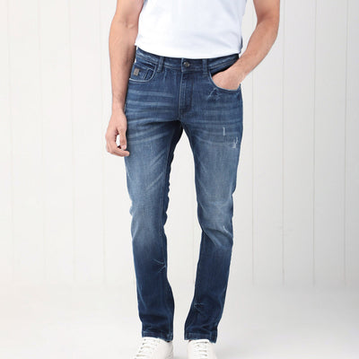 Rare Rabbit Men's Grimm Blue Mid Wash Mid-Rise Mild Distressed Slim Fit Jeans