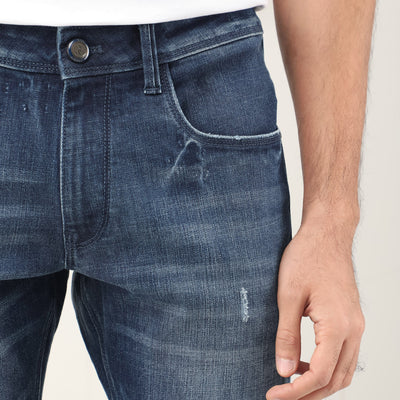 Rare Rabbit Men's Grimm Blue Mid Wash Mid-Rise Mild Distressed Slim Fit Jeans