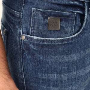 Rare Rabbit Men's Grimm Blue Mid Wash Mid-Rise Mild Distressed Slim Fit Jeans