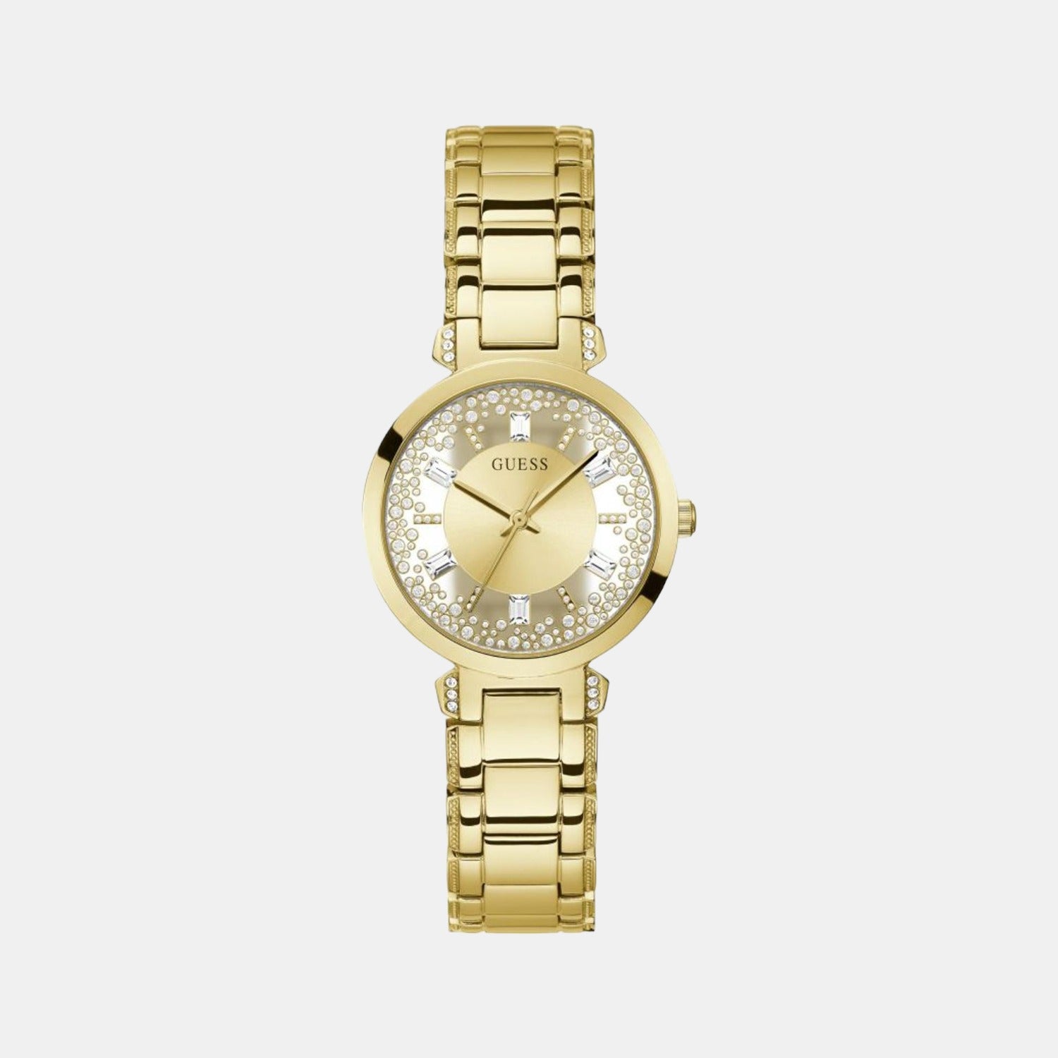 Crystal Clear Women Quartz Gold Dial Analog Stainless Steel Watch GW0470L2