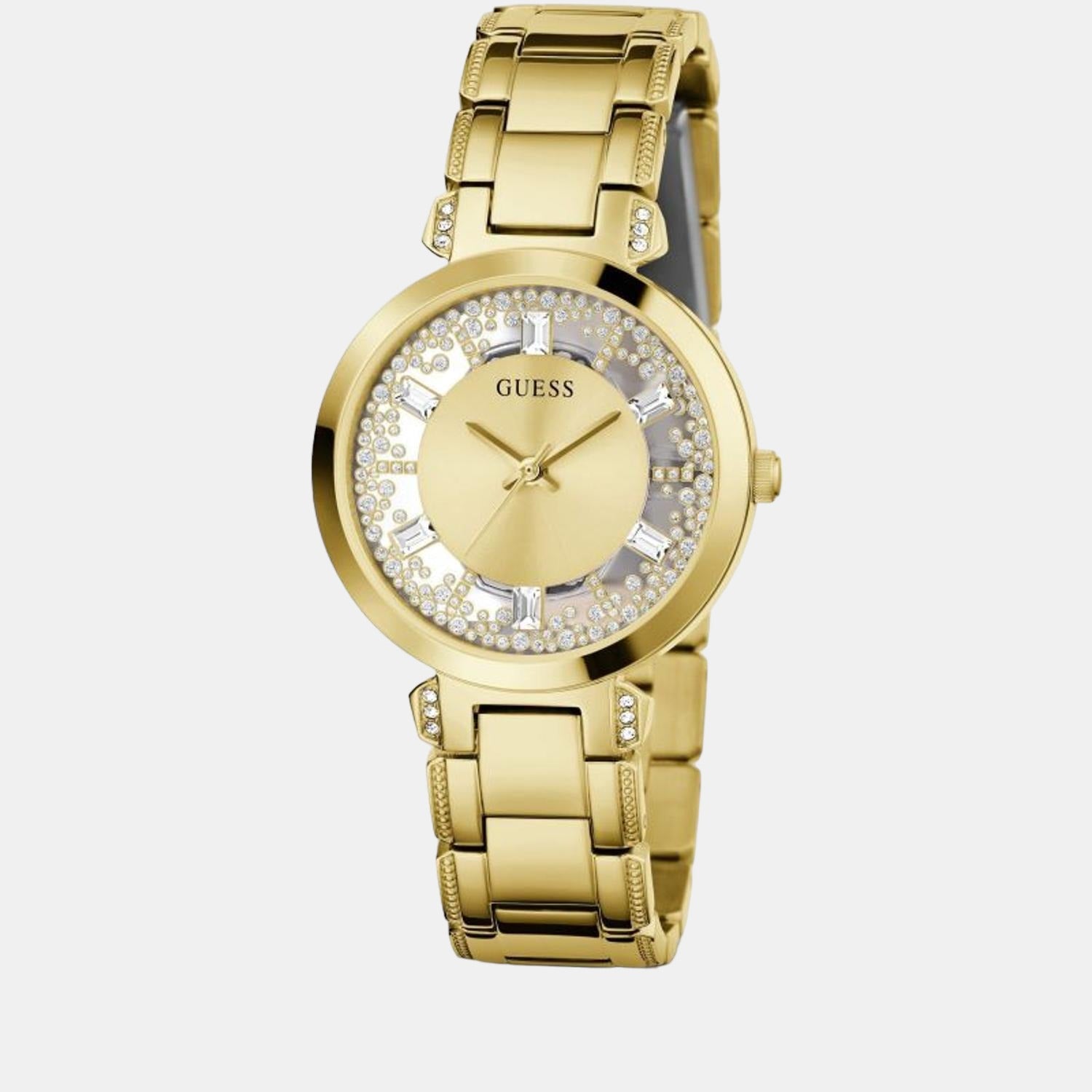 Crystal Clear Women Quartz Gold Dial Analog Stainless Steel Watch GW0470L2