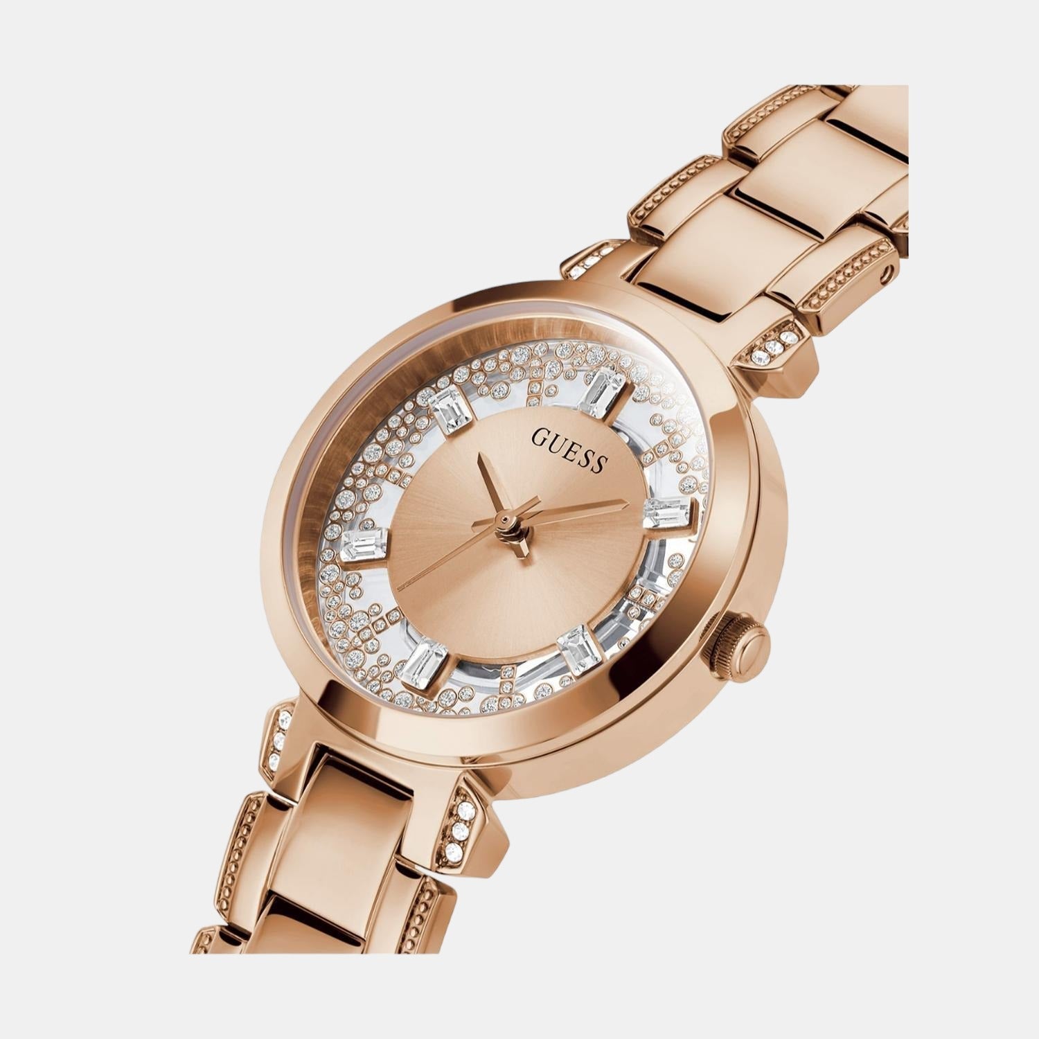 Crystal Clear Women Quartz Rose Gold Dial Analog Stainless Steel Watch GW0470L3
