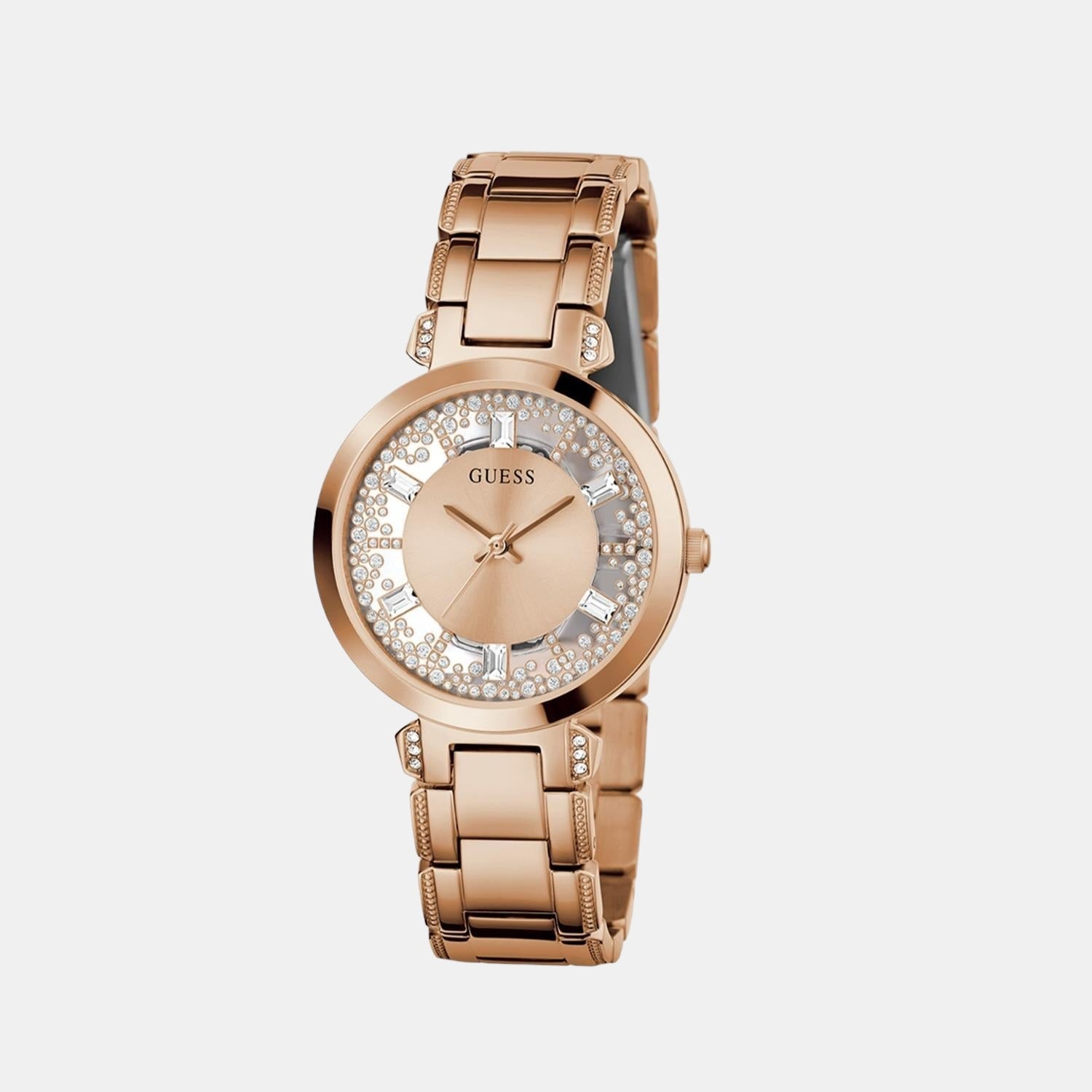 Crystal Clear Women Quartz Rose Gold Dial Analog Stainless Steel Watch GW0470L3