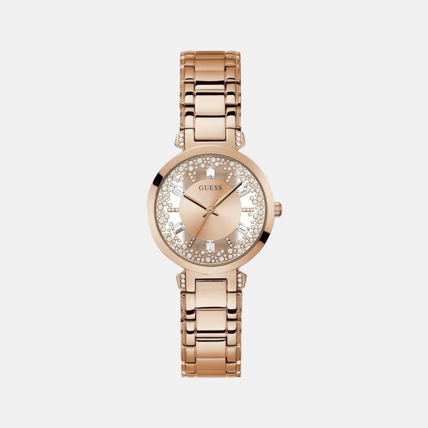 Crystal Clear Women Quartz Rose Gold Dial Analog Stainless Steel Watch GW0470L3