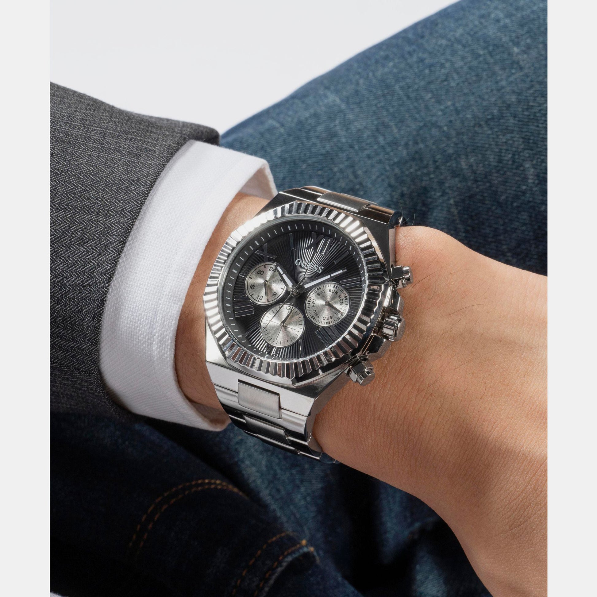 Dress Men Quartz Black Dial Multi-Function Stainless Steel Watch GW0703G1