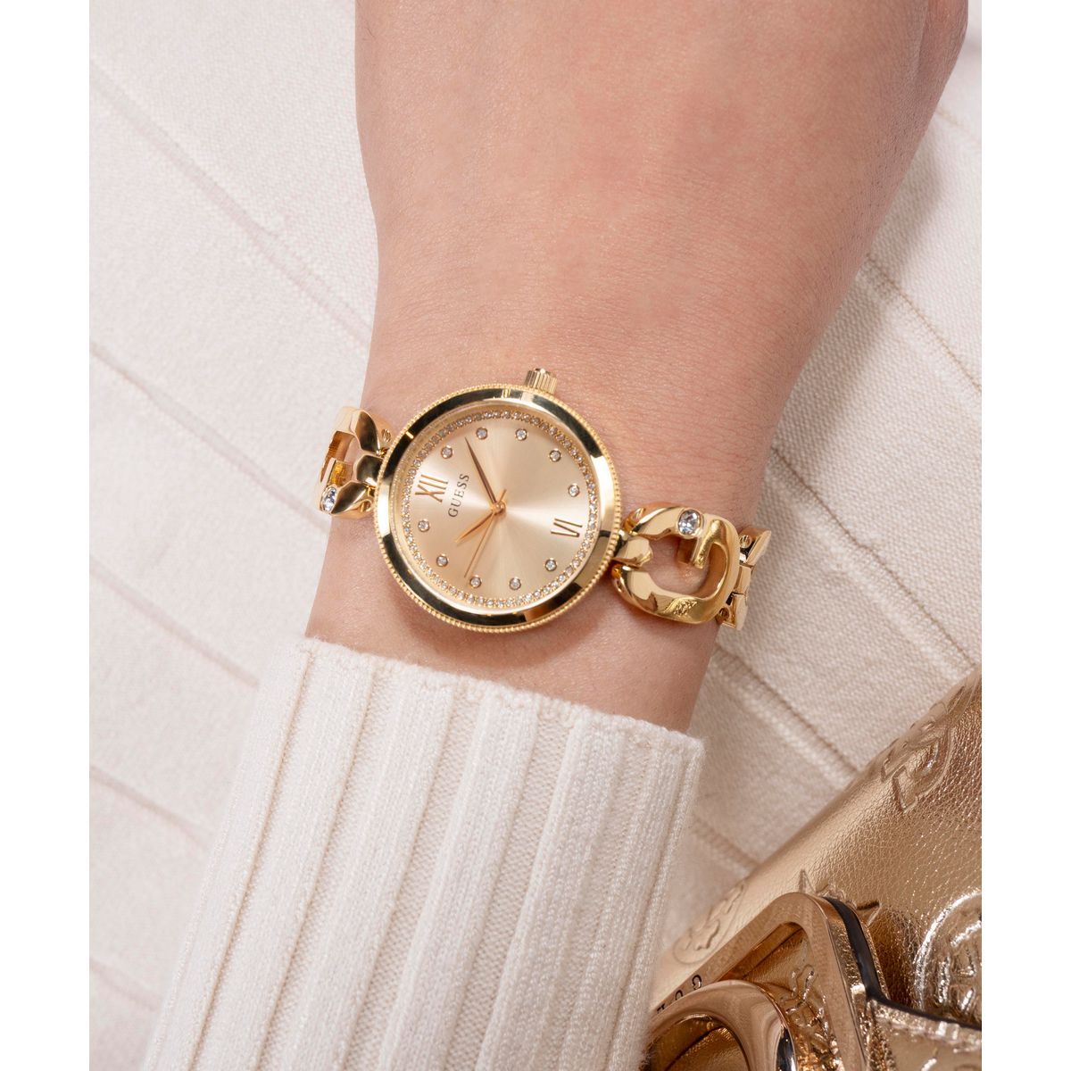 Guess Bejeweled Women Quartz Champagne Dial Analog Stainless Steel Watch GW0759L2
