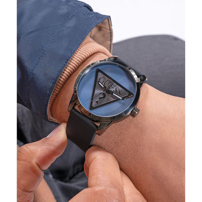 Badge Men Quartz Blue Dial Analog Leather Watch GW0781G5