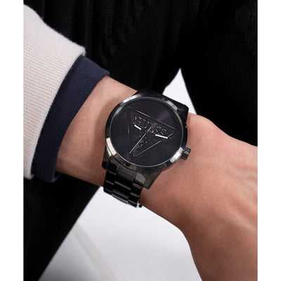 Badge Men Quartz Black Dial Analog Stainless Steel Watch GW0782G2