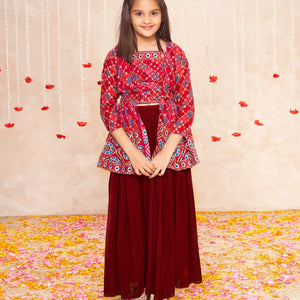 Deep red sequin embroidered skirt and jacket set -Red