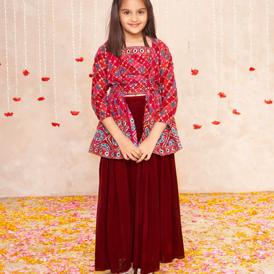 Deep red sequin embroidered skirt and jacket set -Red