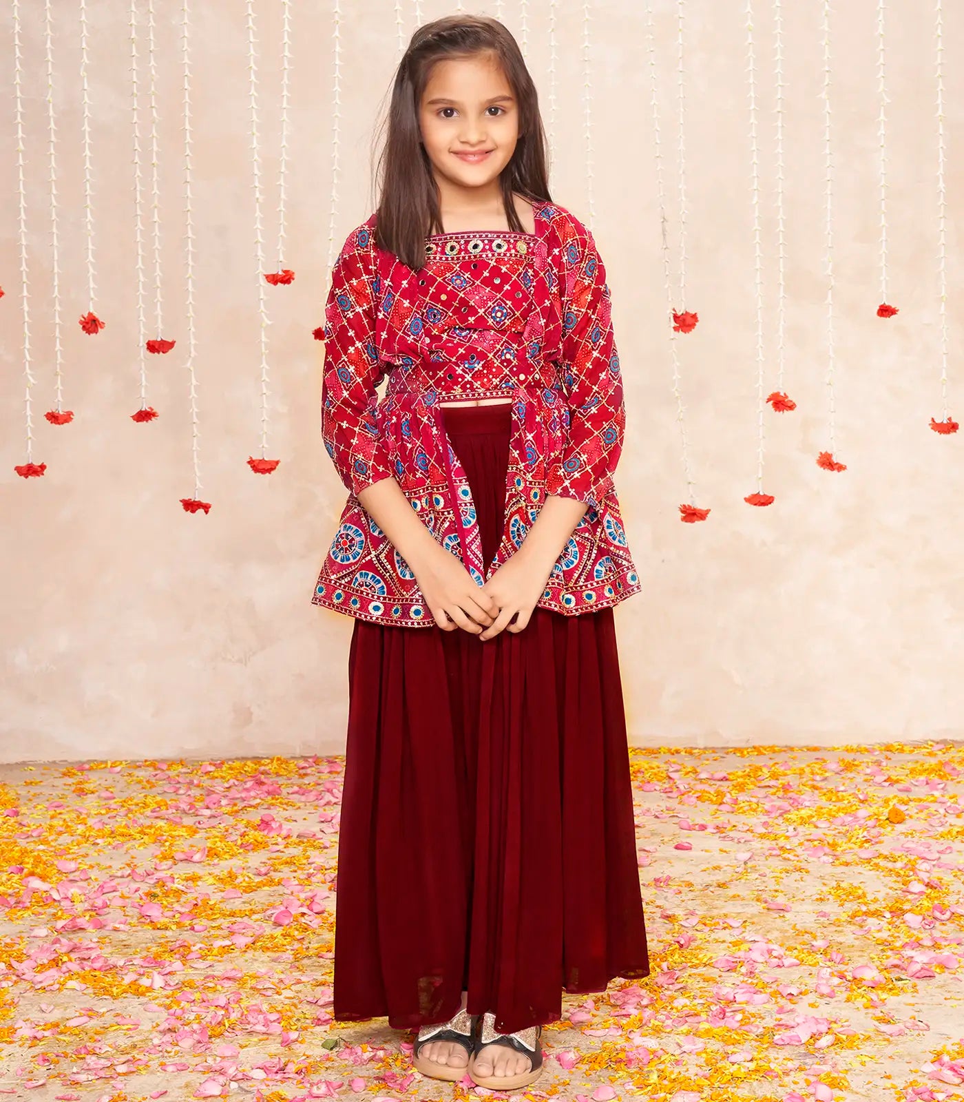 Deep red sequin embroidered skirt and jacket set -Red