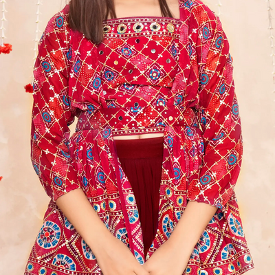 Deep red sequin embroidered skirt and jacket set -Red