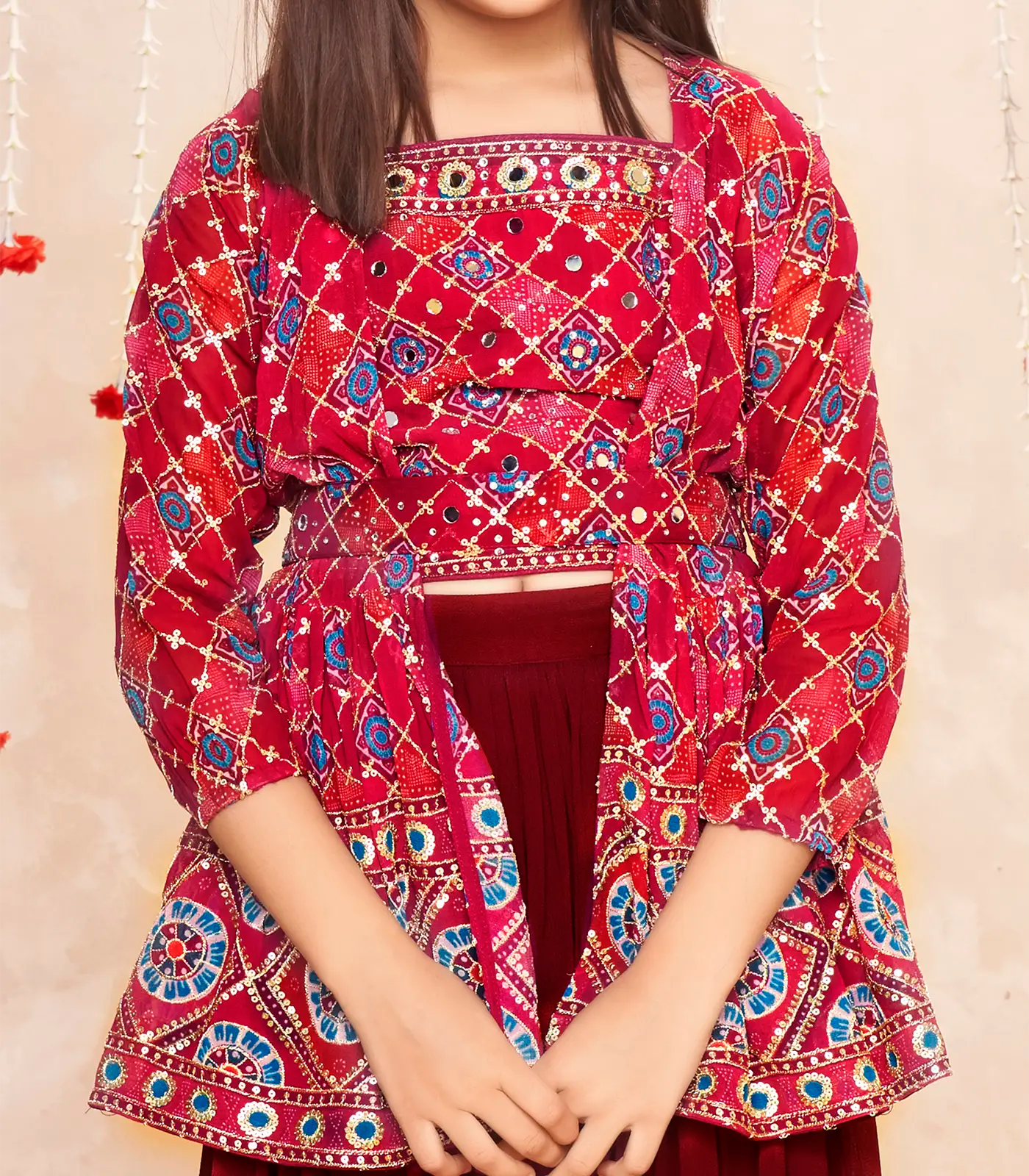 Deep red sequin embroidered skirt and jacket set -Red