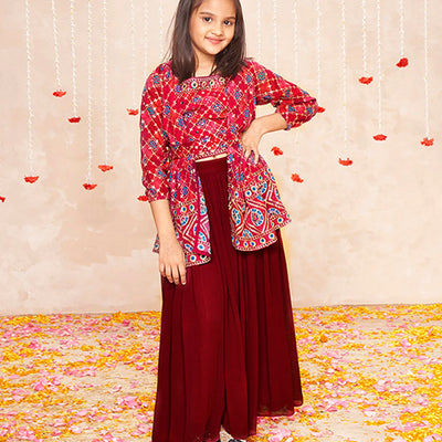 Deep red sequin embroidered skirt and jacket set -Red