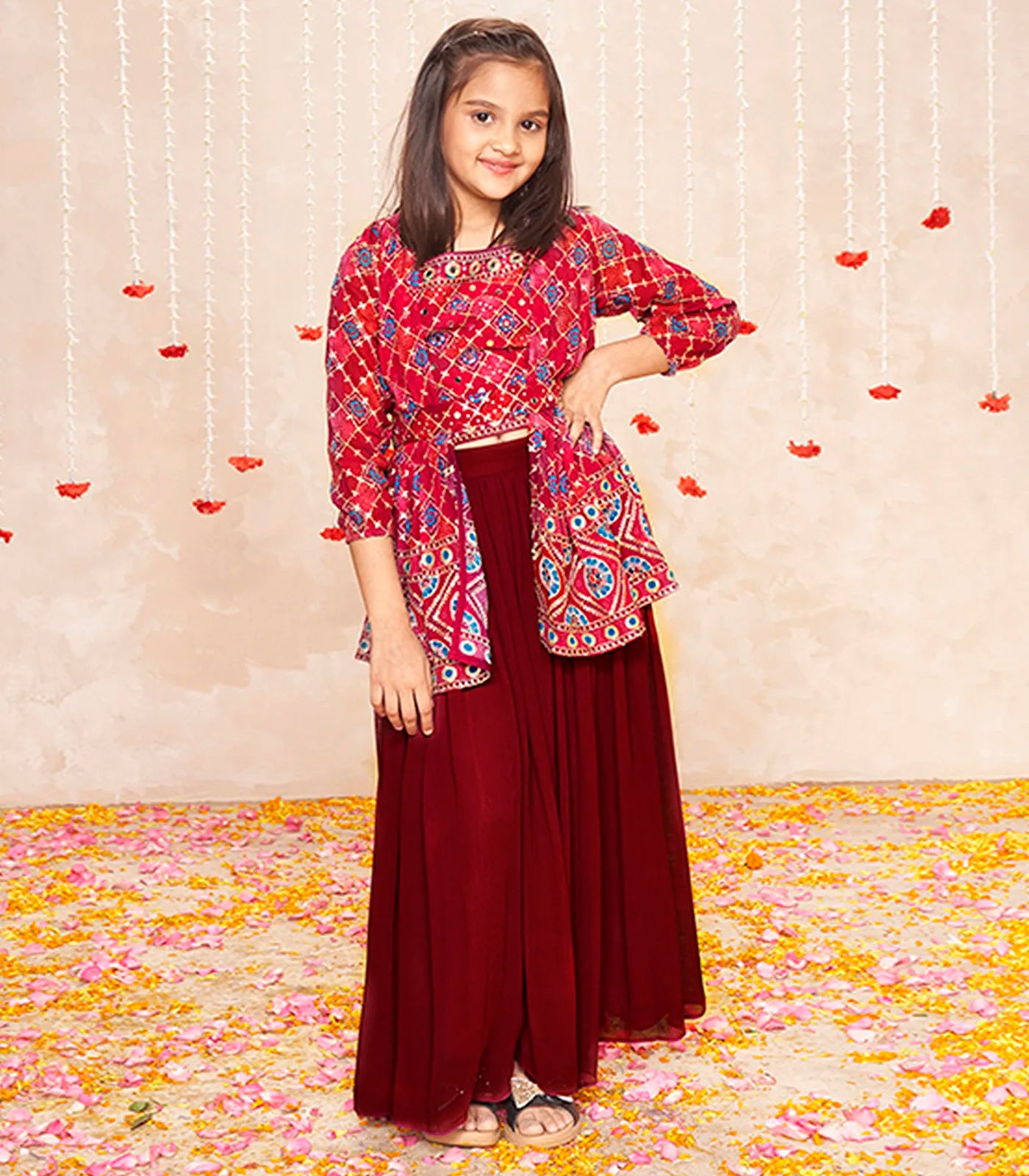 Deep red sequin embroidered skirt and jacket set -Red