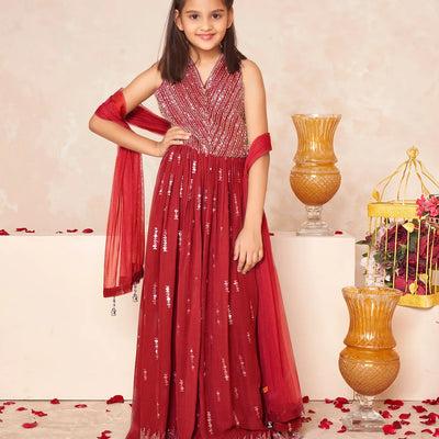 Crimson festive sequin embroidered ethnic dress set