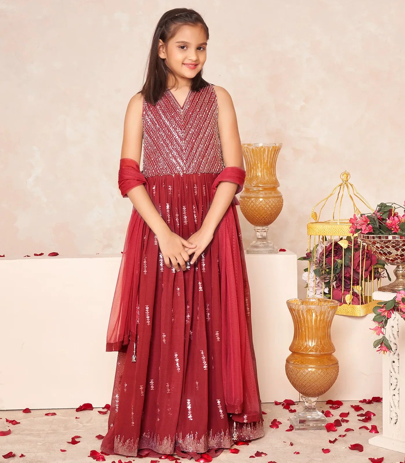 Crimson festive sequin embroidered ethnic dress set