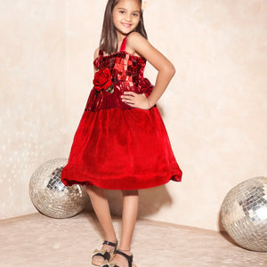 Deep red party wear frock with rose applique-Red-14