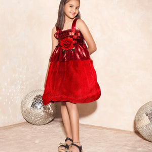 Deep red party wear frock with rose applique-Red-14