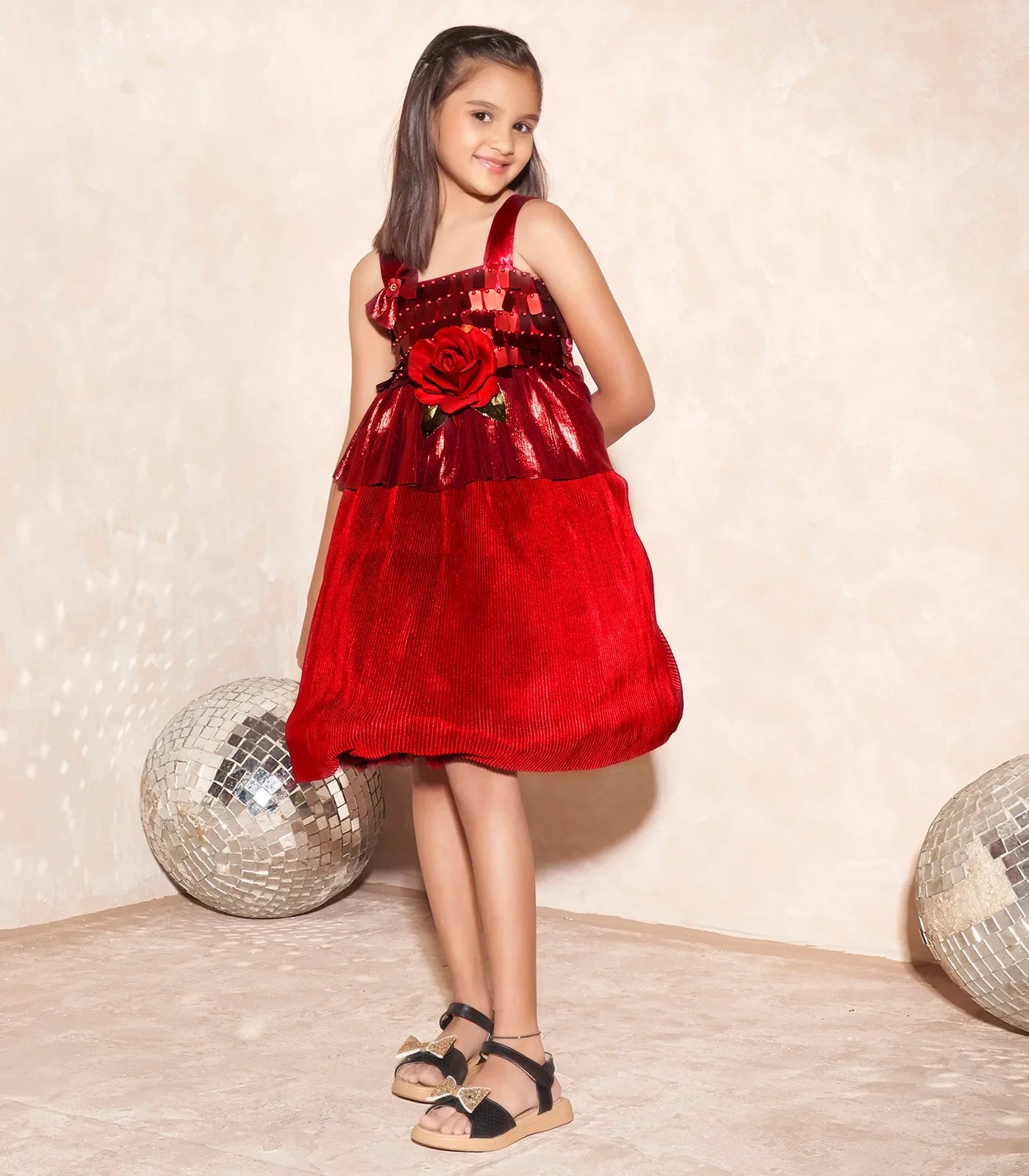 Deep red party wear frock with rose applique-Red-14