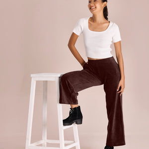 Women Solid Dark Wine Mid Rise Corduory Wide Pants