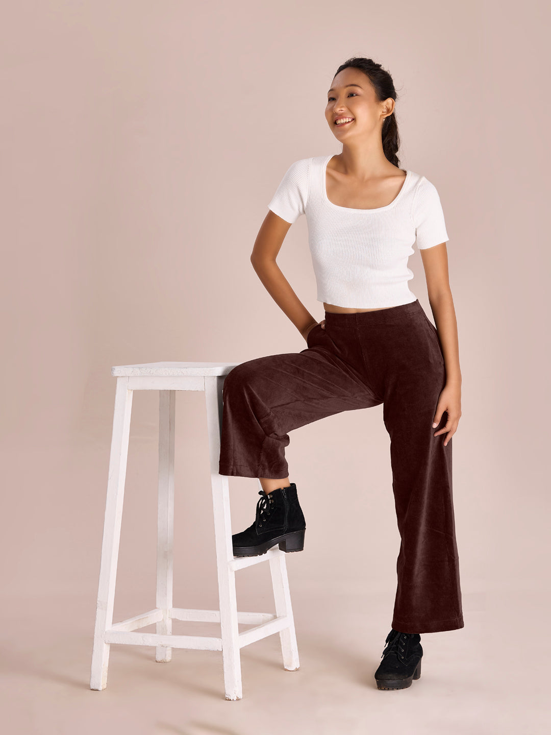 Women Solid Dark Wine Mid Rise Corduory Wide Pants