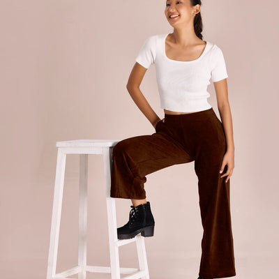 Women Solid Dark Brown Mid Rise Corduory Wide Pants