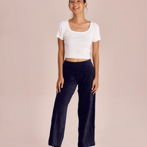 Women Solid Navy Mid Rise Corduory Wide Pants