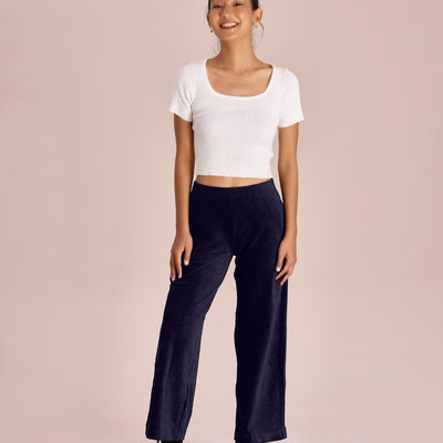 Women Solid Navy Mid Rise Corduory Wide Pants